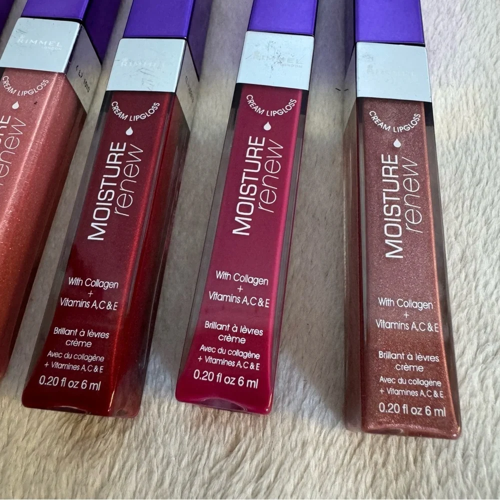 NWT RIMMEL moisture renew lip gloss set 5pc collagen coral pink red purple mauve